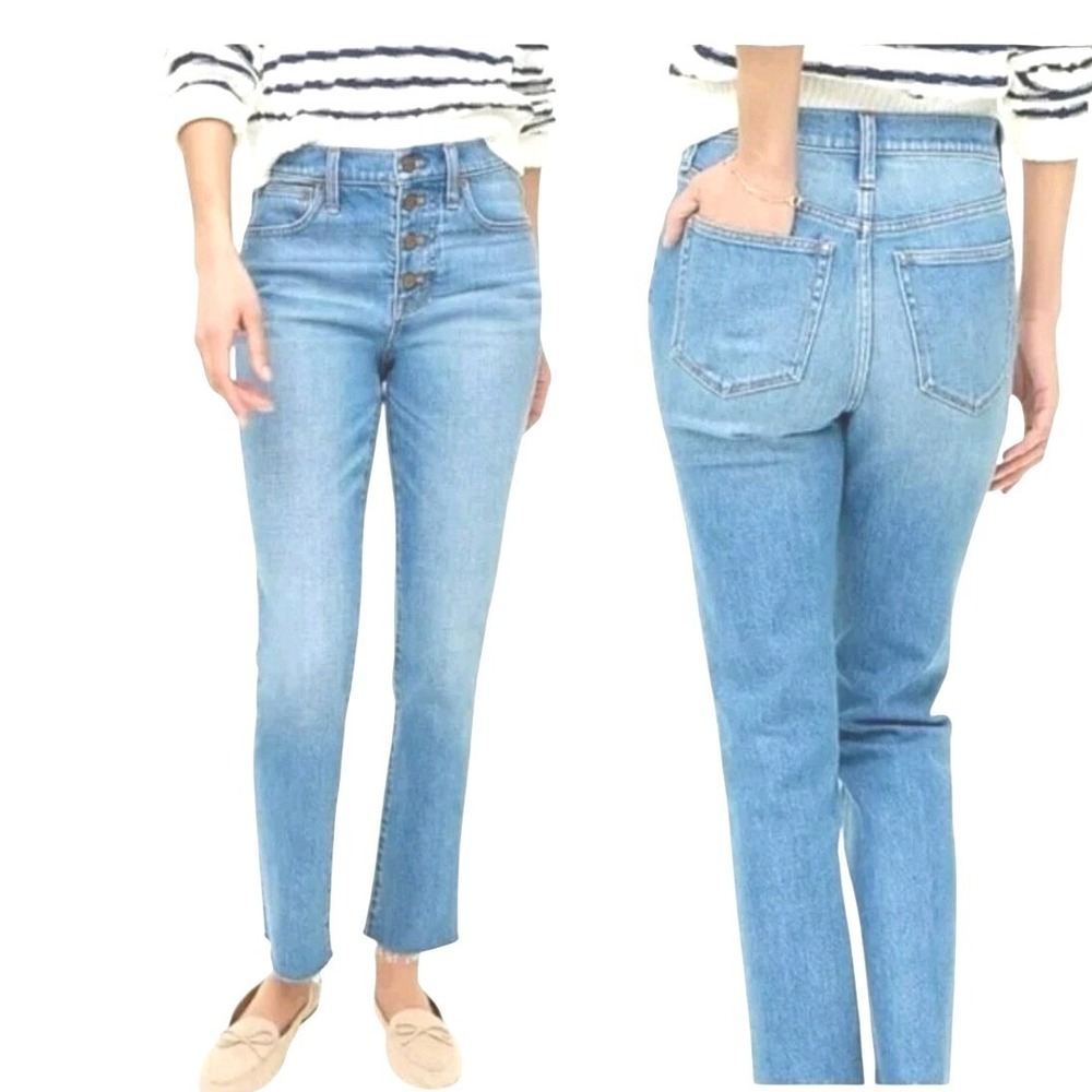 J.Crew Essential Straight Jeans Button Fly Light Wash‎ Women's Size 31 Raw Hem